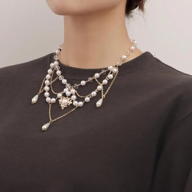 31BB Tassel Necklace Elegant Layered Necklace Pearl Beaded Necklace Clavicle Chain