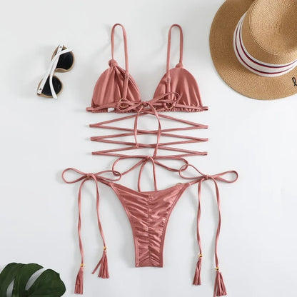 2024 Luxury Bikini Set Women Sexy Swimsuit High Cut Bandage Bikini Set Bathing Suit With Tassels Summer Brazilian Biquini
