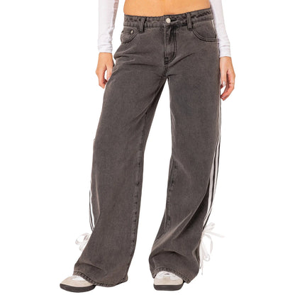 Women Vintage y2k Side Striped Bow Tie Jeans Boyfriend Low Rise Baggy Straight Wide Leg Jeans Casual Loose Fit Denim Pants