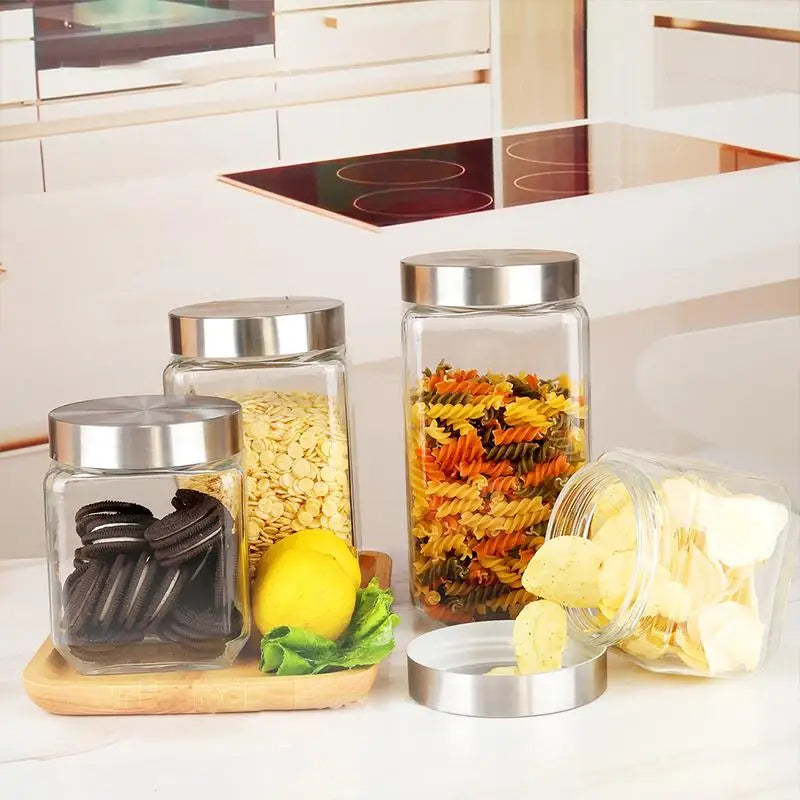 Glass Jar Stainless Steel Lid Storage Essentials Square Airtight Glass Jars For Storing Kitchen Grains