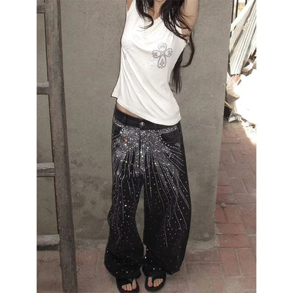 American Vintage Hip-hop High Waist Print Jeans Pants Women's Casual Baggy Y2K Wide Leg Grunge Streetwear Style Denim Trouser