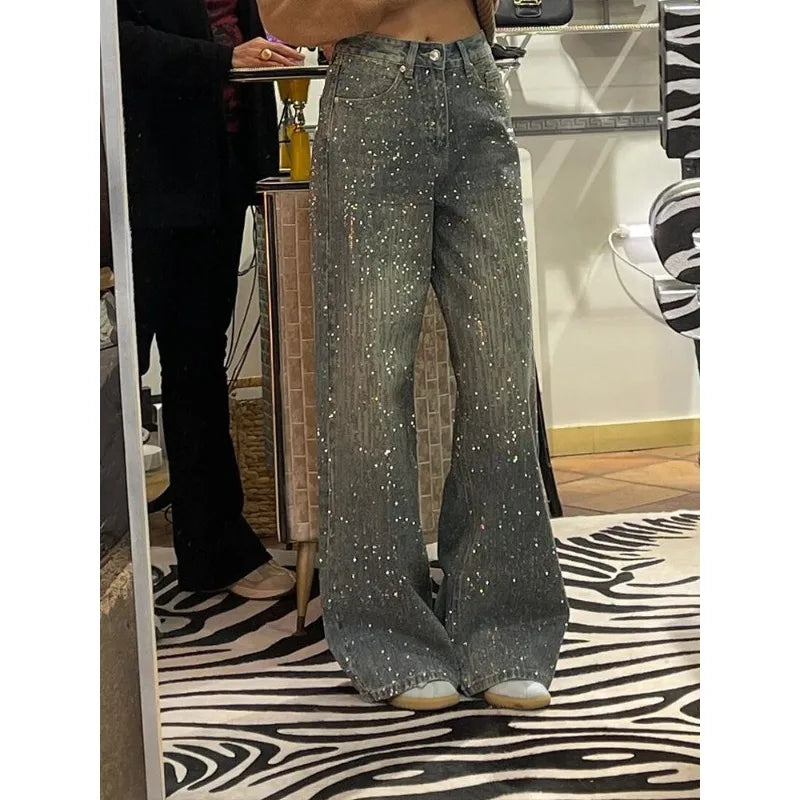 Summer Women Retro American Washed Rhinestone Denim Pants Full Sky Star Heavy Duty Millennium Spicy Girl Wide Leg Long Trousers