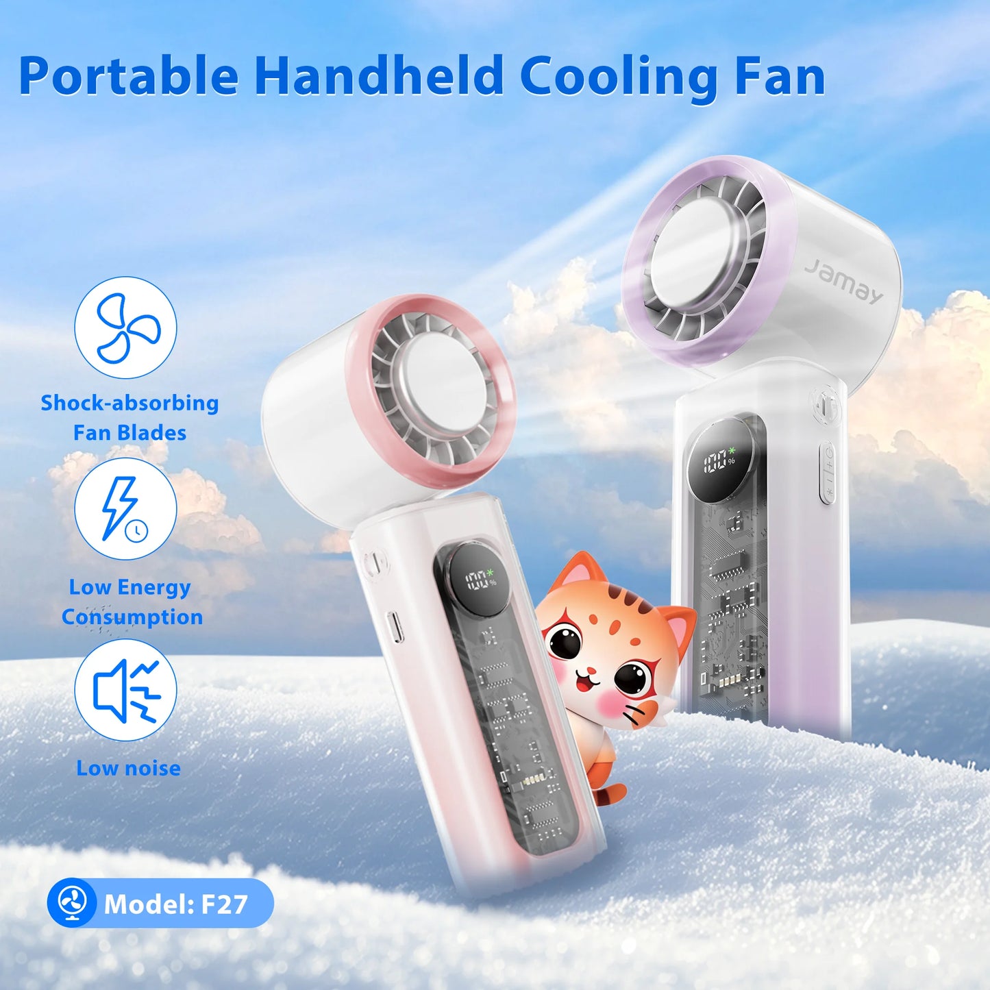 Portable Handheld Fan Transparent Design LED Digital Display 100 Gear Strong Wind Speed 135°Foldable 24-hour Battery Life F27