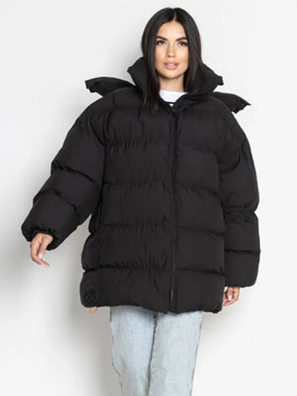 Winter Warm Hooded Cotton Jacket Women Fashion Standneck Zipper Long Sleeves Oversize Coats 2025 Female Chic Casual Outerwear