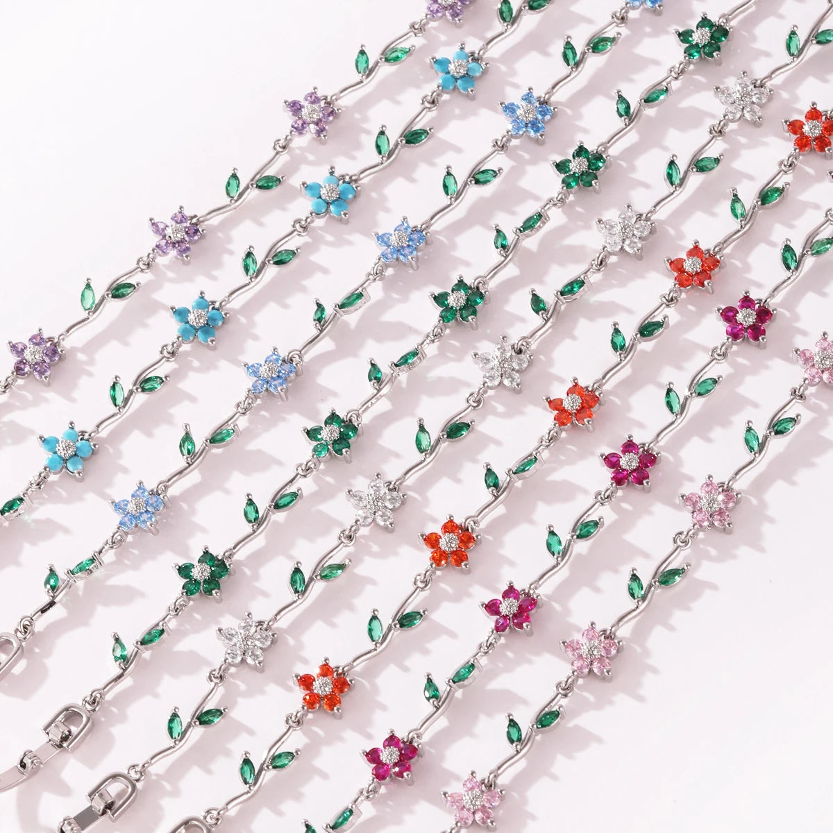 Elegant Multiple Color Flower Charm Zircon Branch Leaf Bracelet Dopamine Niche Sense 18K Gold Plated Women's Bangle Gifts