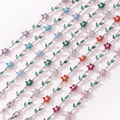 Elegant Multiple Color Flower Charm Zircon Branch Leaf Bracelet Dopamine Niche Sense 18K Gold Plated Women's Bangle Gifts
