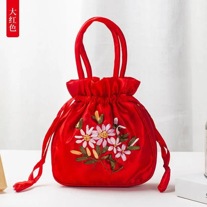Women Bucket Bag Top Handle Ladies Handbag Phone Bag Summer Small Purse National Style Embroidered Flower Pattern Drawstring Bag