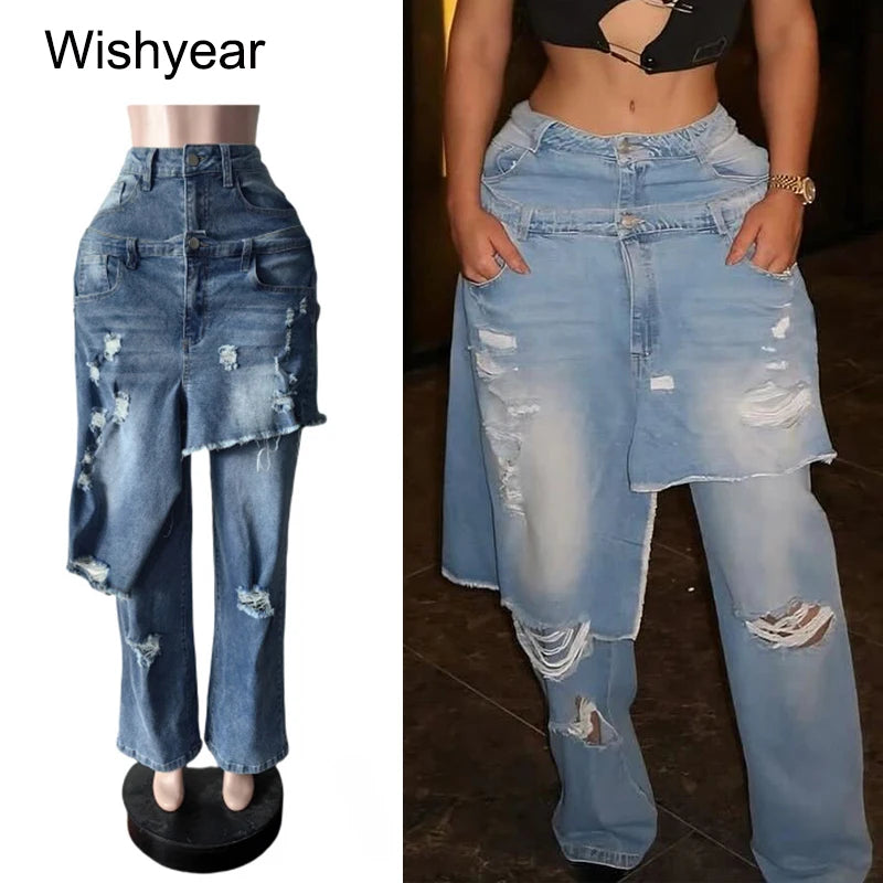 Casual Blue Stretch Denim Jeans with Apron Perforated Straight Wide Leg Trousers for Women Autumn Winter Streetwear Y2K Style