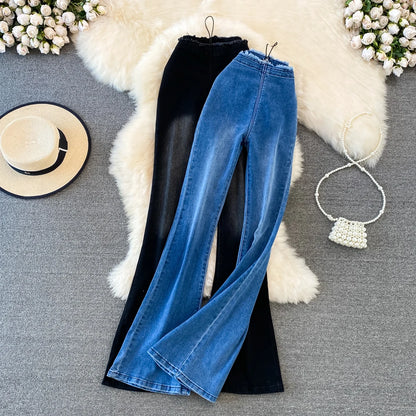 Fashion Women's Jeans 2025 Autumn New High Waist Slimming Tight-breasted Raw Edge Stretch Flared Trousers Korean Women Clothing