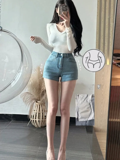 High Waist Denim orts Women's Sexy Slimming orts with Butt Pad American Hot Girl Light Blue Jeans orts Cotton Elastic F...