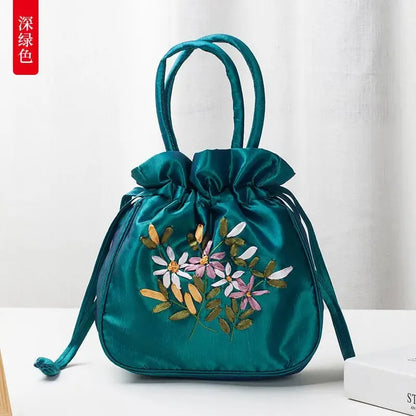 Women Bucket Bag Top Handle Ladies Handbag Phone Bag Summer Small Purse National Style Embroidered Flower Pattern Drawstring Bag