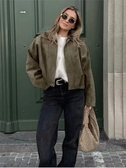 Vintage Faux Suede Short Jackets For Women Zipper Fashion Loose Bomber Jacket Coat Autumn Winter 2025 New Chic Casual Outerwears