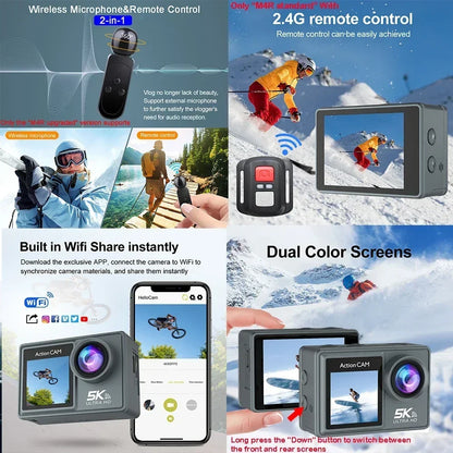 Action Camera 5K 4K60FPS Dual IPS Touch LCD EIS 170° 30M Waterproof 5X Zoom Sport Camera Optional Wireless Mic & Remote Control