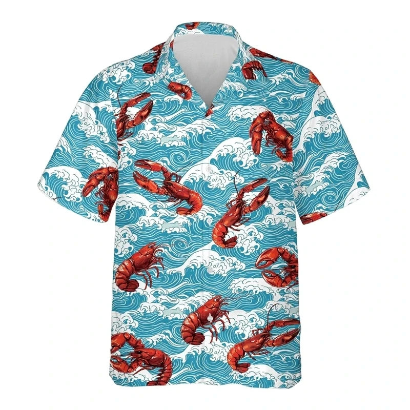 Hawaiian Flower Social Shirt 3d Print Boston Lobster Fashion Short Summer Casual Vintage Harajuku Cadiz Camisas Casuais Blouse