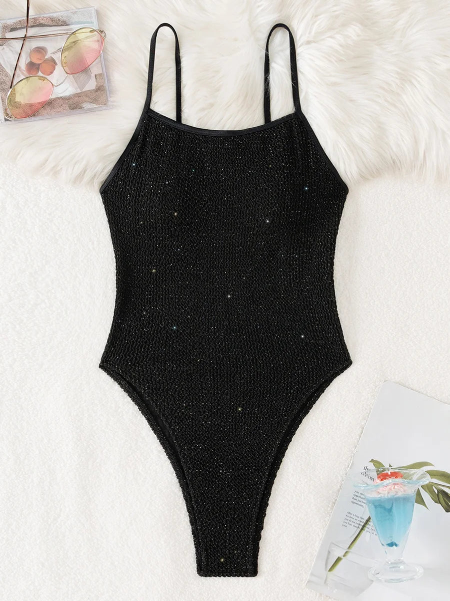 Wrinkled Gittler Sparkling High Leg Cut Female Swimwear One Piece Swimsuit Women Monokini Bather Bathing Suit Swim Beach Wear