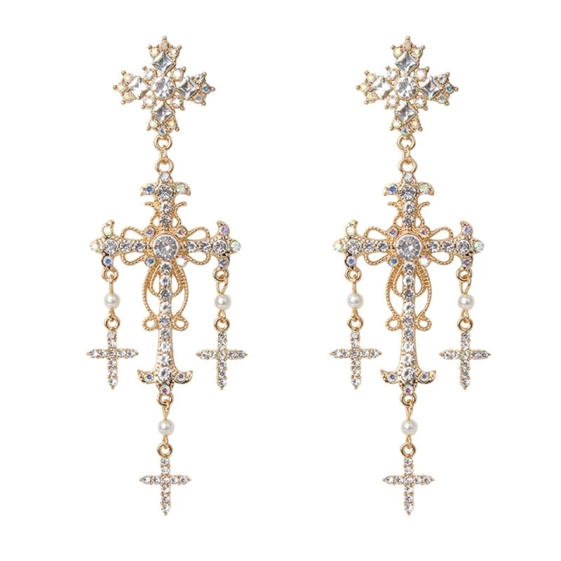 Korean Novel Trend Luxury Palace Style Silver Gold Crystal Pearl Crossed Dangle Earrings for Women Elegant Party Jewelry