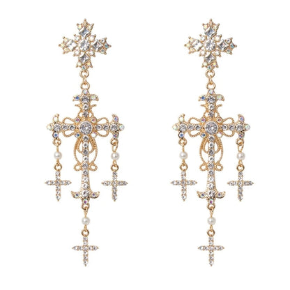 Korean Novel Trend Luxury Palace Style Silver Gold Crystal Pearl Crossed Dangle Earrings for Women Elegant Party Jewelry
