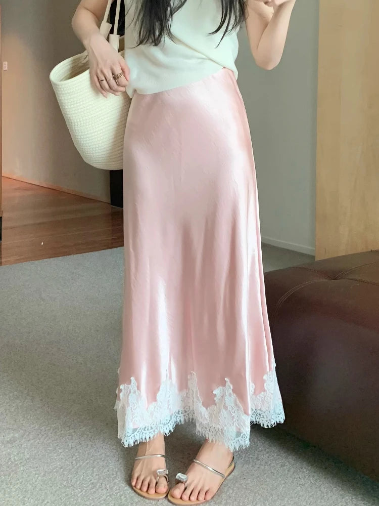 Elegant Long Skirts for Women Summer High Waist Lace Satin Skirt Women's A-line Korean Fashion Solid Color Loose Women's Skirt