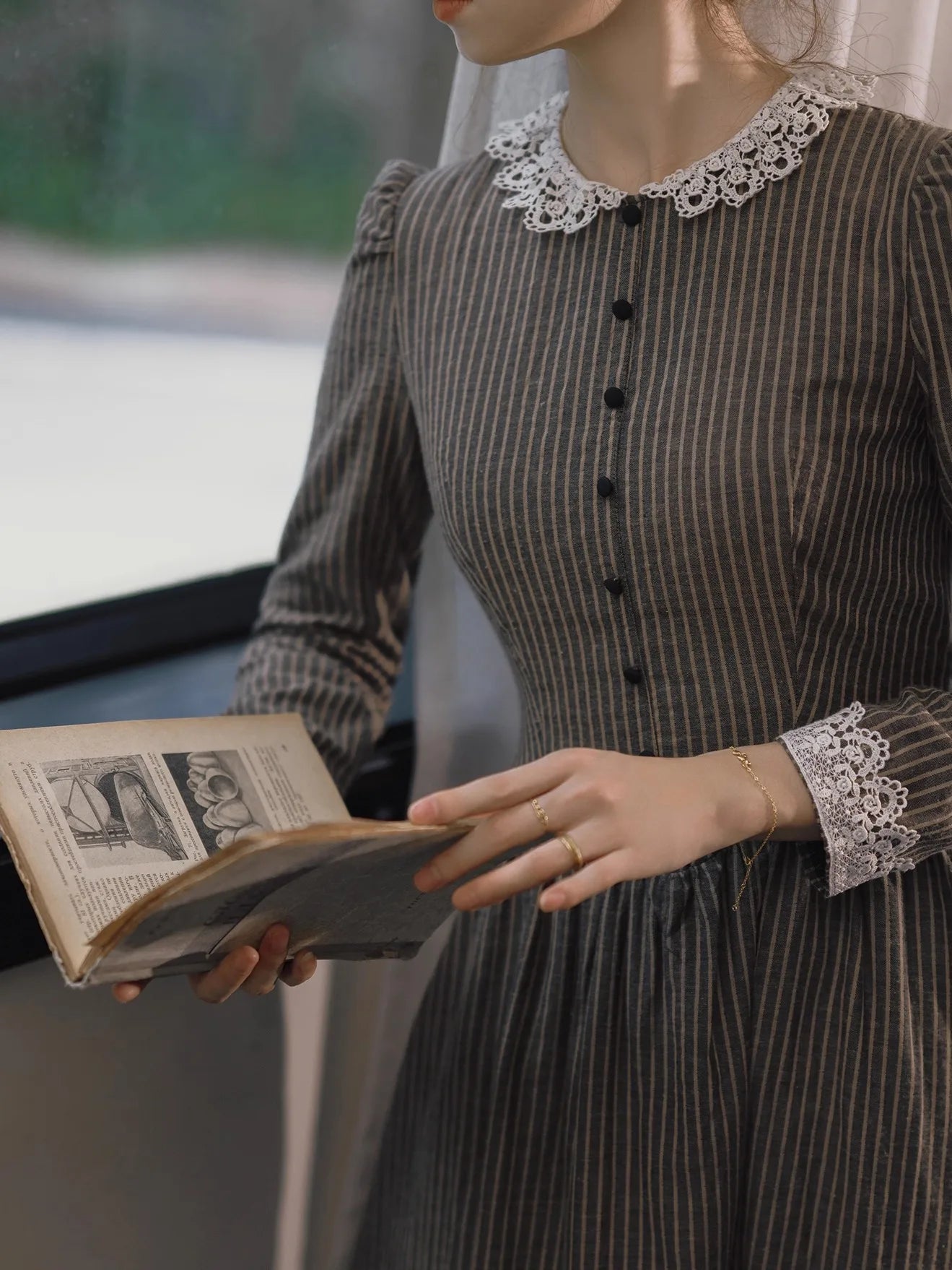 86-98cmBust SpringFall Long Dresses Women French Miss Austin Vintage Elegant Slim Exquisite Lace Collar 100%Cotton Striped Dress