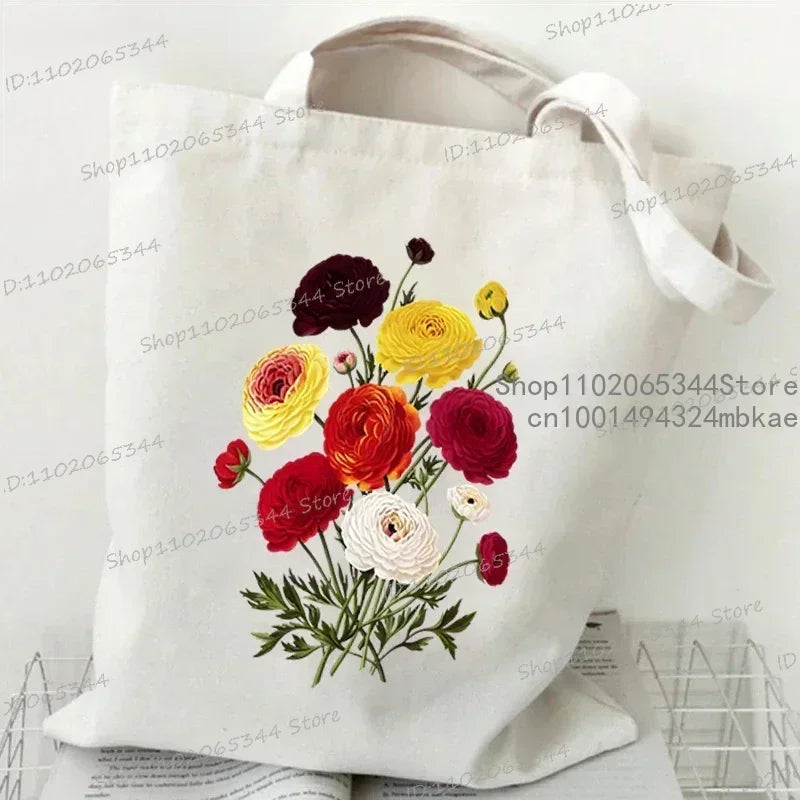 Fashion Canvas Tote Bag Oil Painting Wildflowers Print Lady Shoulder Shopping Bag Plant Style Daisy Vintage Flower Women Handbag