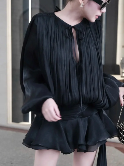 Elegant Blouse Mini Dress Women Loose V Neck Lace Up Hollow Out Dresses Female 2026 Spring New Long Lantern Sleeves Robe Lady