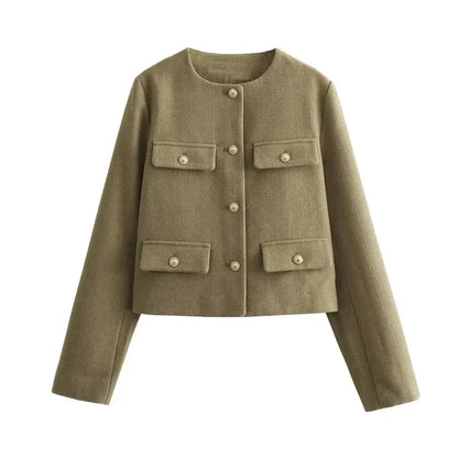 Women Elegant Cropped Jacket 2025 Women's Fashion Jacket O-Neck Long Sleeved Flip Pocket Coat Female Casual Outwear Tops