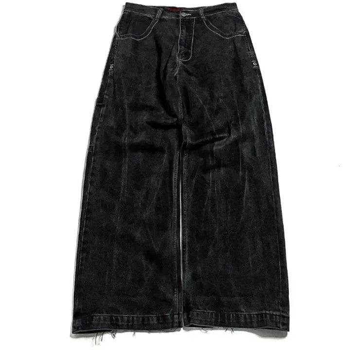 Men Women Retro Gothic High Waist Jeans Y2k Baggy Black Harajuku Hip Hop Pattern Embroidered Blue Denim Pants Wide Leg Jeans