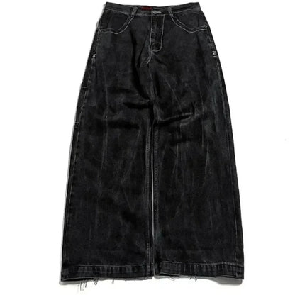Men Women Retro Gothic High Waist Jeans Y2k Baggy Black Harajuku Hip Hop Pattern Embroidered Blue Denim Pants Wide Leg Jeans