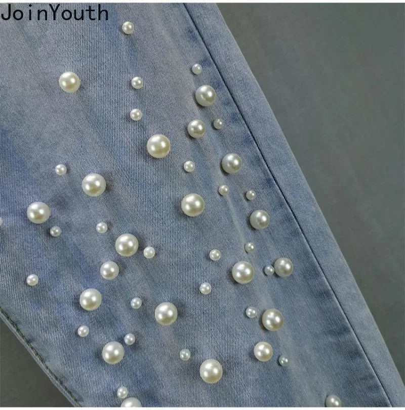 Korean Jeans Woman Streetwear Fashion Denim Harem Pants 2025 New Bottoms Elastic Waist Beading Casual Vintage Y2k Pantalon Femme