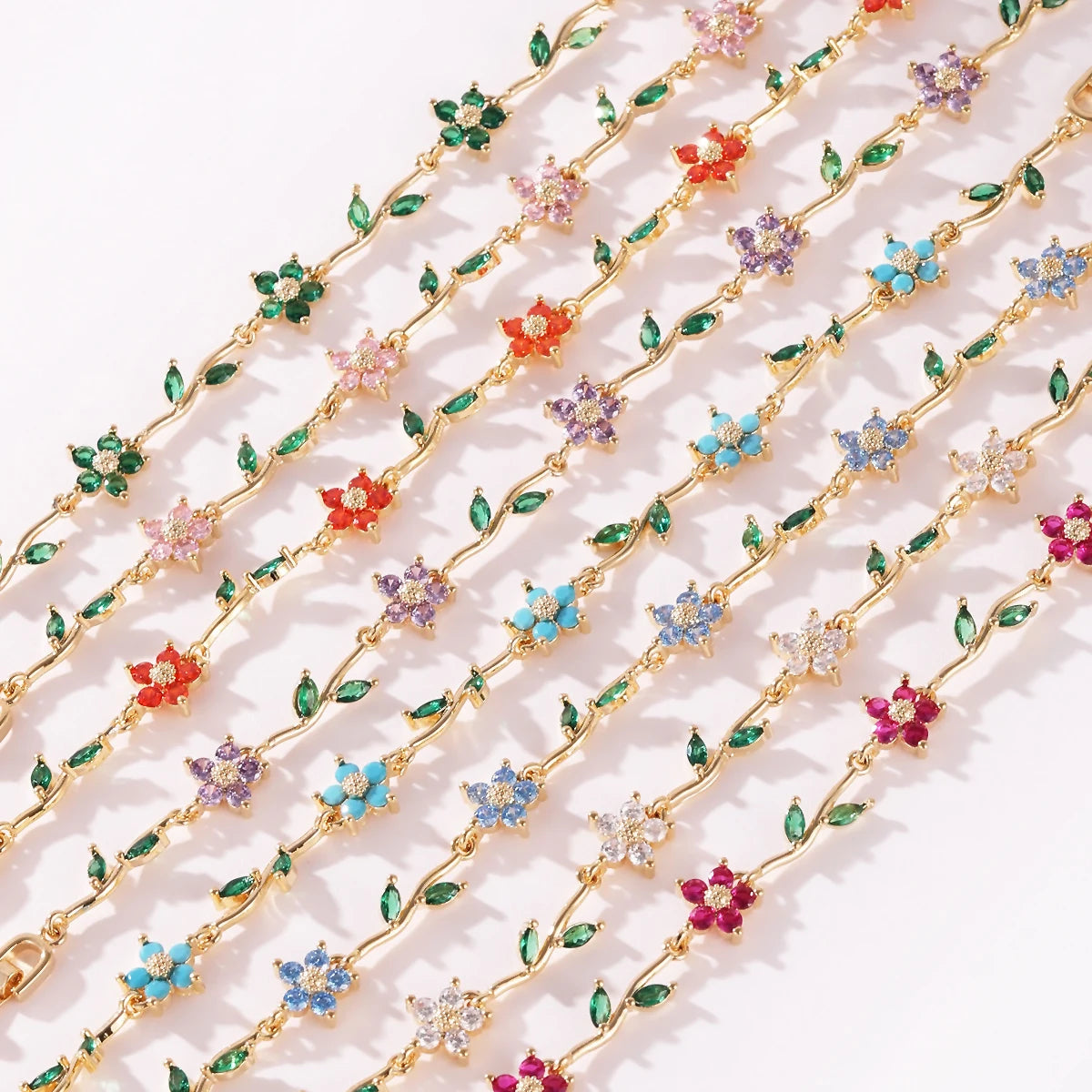 Elegant Multiple Color Flower Charm Zircon Branch Leaf Bracelet Dopamine Niche Sense 18K Gold Plated Women's Bangle Gifts