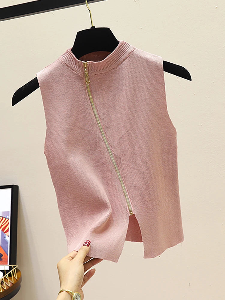 2026 Summer Spring zipper Knit Tank Top Cami Korean Camisole Elastic Vest O Neck Solid Color New Slim Breathable Tops White