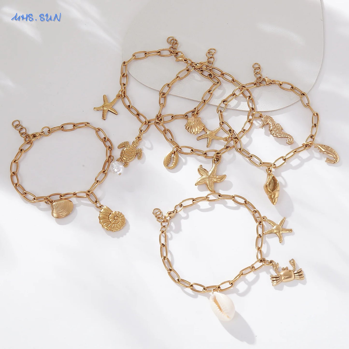 MHS.SUN Summer Starfish Conch Crab Charms Chain Bracelets Trendy Stainless Steel Ocean Style Beach Waterproof Jewelry For Women