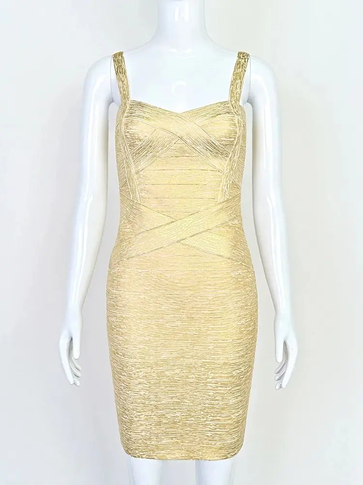 BEAUKEY Gold Silver Bandage Metallized Dress Summer Luxury Spaghetti Strap  Women Party Mini Sexy Maxi Luxury Ladies Dress XL