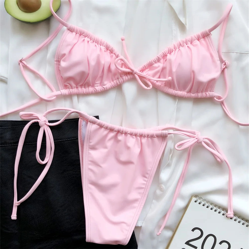 Sexy Sling Bikini Micro String Extreme Swimsuit Pink Bikinis Set Pleated Swimwear Women Bathing Swimming Suit Beach Outfit Tanga