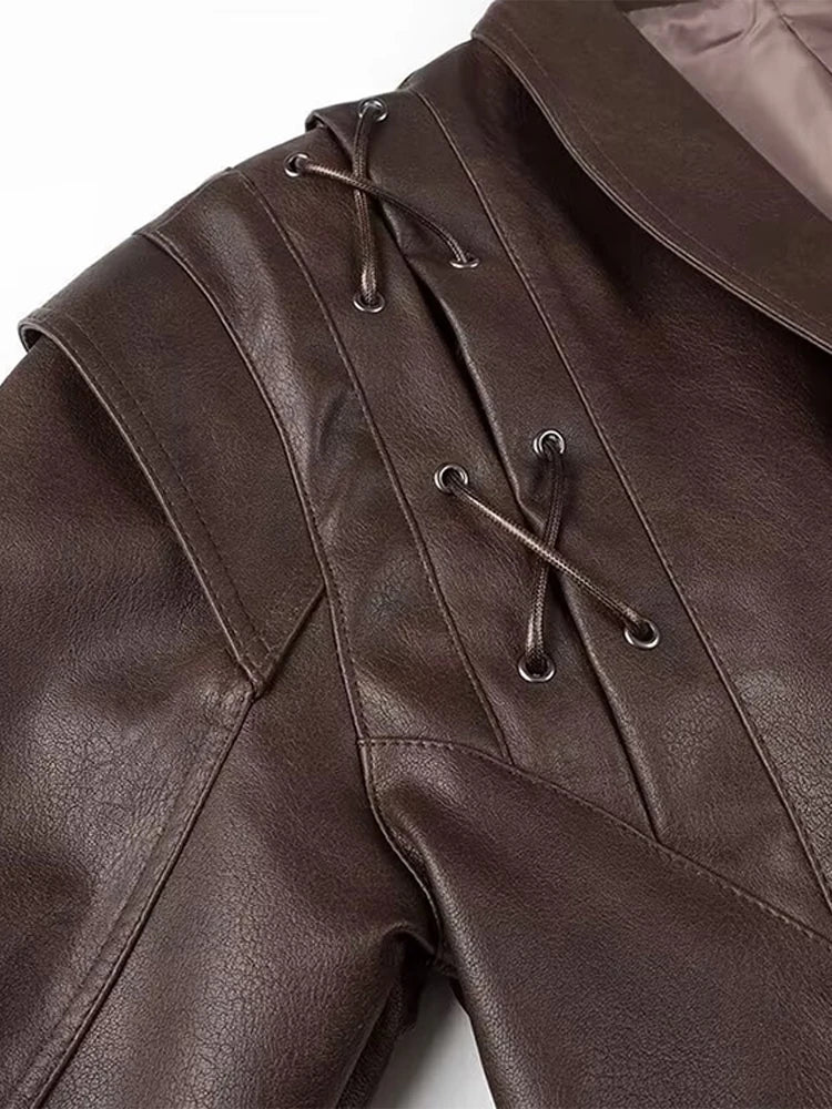 Vintage Leather CroppedJacket for Women With Belt V Neck Button Long Sleeve Motorcycle Coffee Coat 2025 Autumn Ladies Outerwear