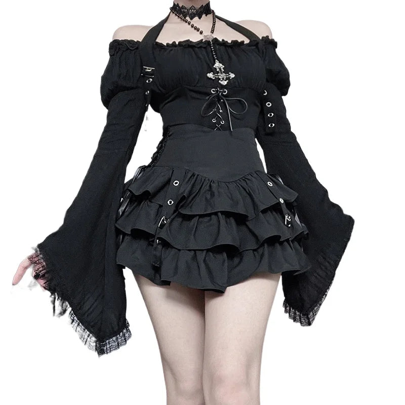 Dark Gothic Vintage Shirt Women's Off-the-shoulder Bell-sleeve Halter Top Y2K Harajuku Sexy Long-sleeve Top Lady Sets