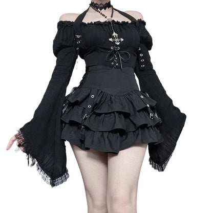 Dark Gothic Vintage Shirt Women's Off-the-shoulder Bell-sleeve Halter Top Y2K Harajuku Sexy Long-sleeve Top Lady Sets