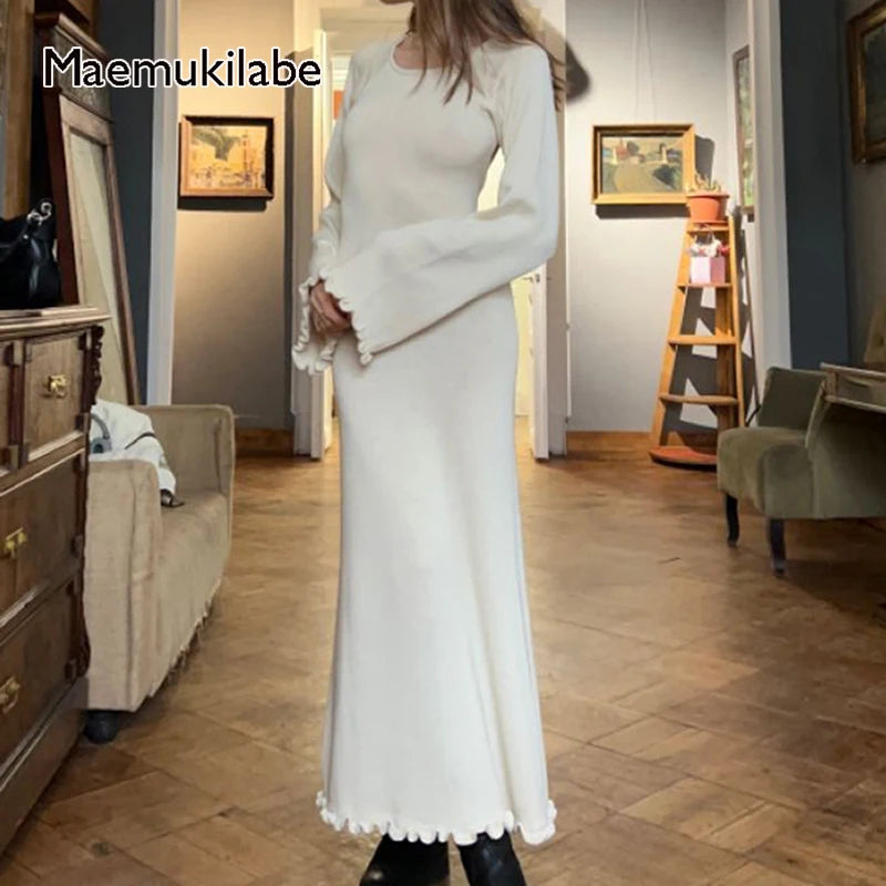 Maemukilabe Y2K Knitted Maxi Dress Vintage Edible Tree Fungus Trim Bodycon Women Autumn Backless Tie Up Long Dress Streetwear