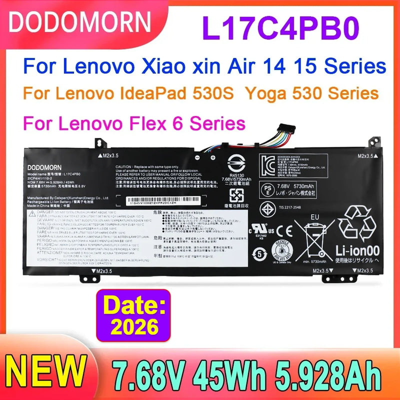 New L17C4PB0 Laptop Battery For Lenovo Xiaoxin Air 14ARR 14IKBR 15ARR 15IKBR Ideapad 530s-14IKB 530s-15IKB 7.68V 45Wh 5.928Ah