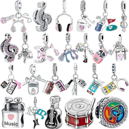 Guitar Microphone Music 925 Sterling Silver Charm Pendant Suitable Fit Original Bracelet Necklace keychain Jewelry Accessories