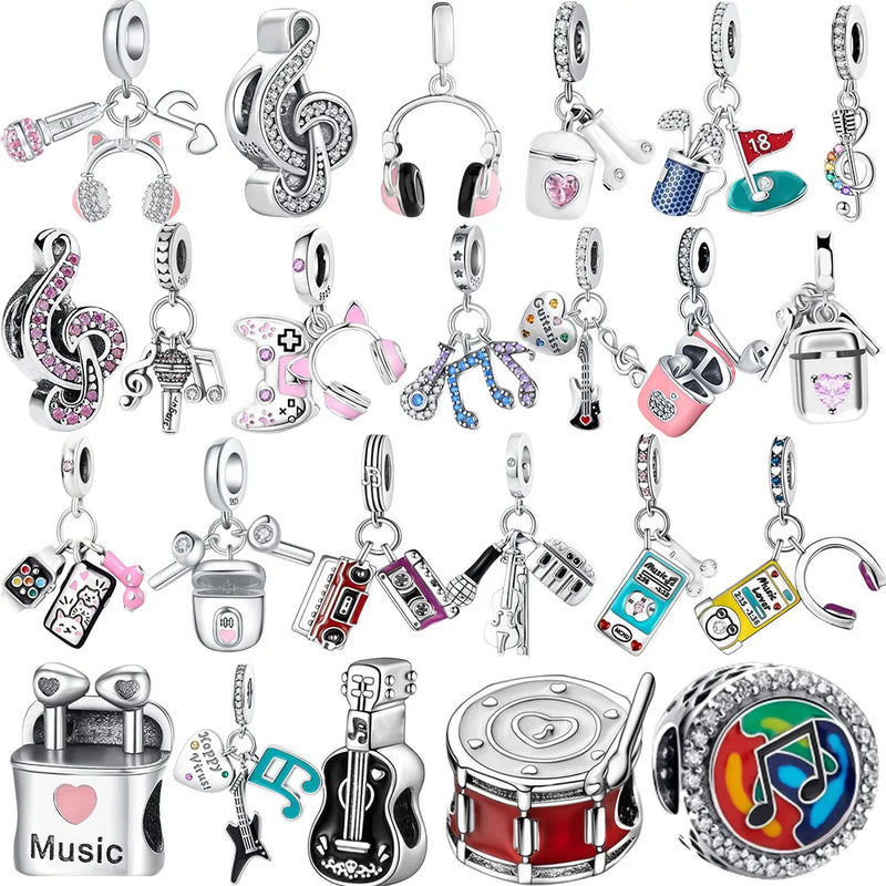 Guitar Microphone Music 925 Sterling Silver Charm Pendant Suitable Fit Original Bracelet Necklace keychain Jewelry Accessories