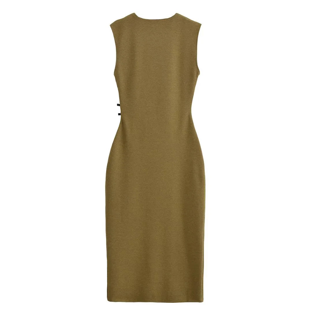 European And American Style 2025 Spring New Women's Twill Round Neck Sleeveless Simple Versatile Midi Dress