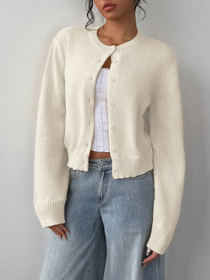 Women's Casual Solid Color Round Neck Long Sleeve Loose Cropped Top Single-breasted Sweater Cardigan Streetwear Autumn/Winter