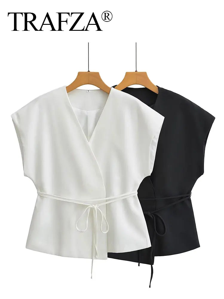 HH Women Elegant Solid Vests V Neck Sleeveless Lace Up Shirt Coat Casual Summer Female Fashion Y2k Top Vests