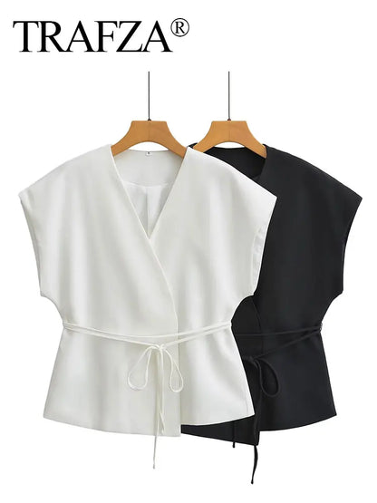 HH Women Elegant Solid Vests V Neck Sleeveless Lace Up Shirt Coat Casual Summer Female Fashion Y2k Top Vests