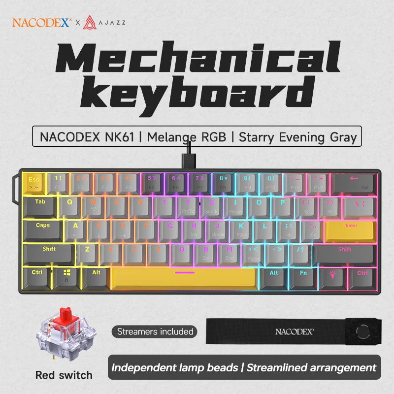 Ajazz NK61 Mechanical Wired Gaming Keyboard RGB Lighting Effects Supports Hot-Swappable 61 Keys Mechanical Gaming Keyboard