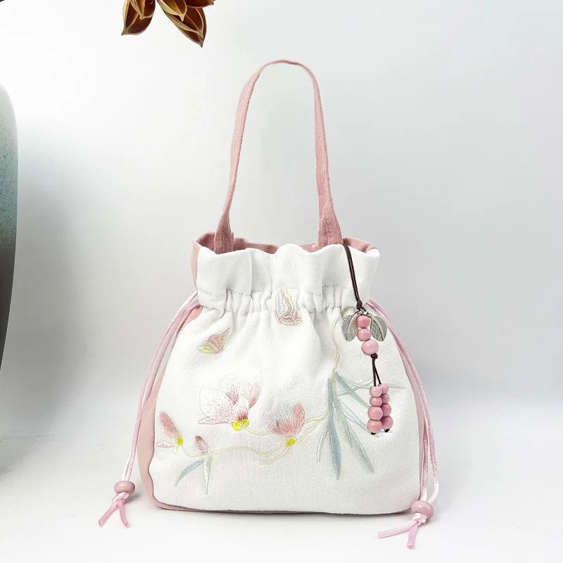 Chinese Style Retro Flower Embroidery Crossbody Top-handle Bags Women Shoulder Lace Drawstring Bucket Bag Coin Purses Handbags