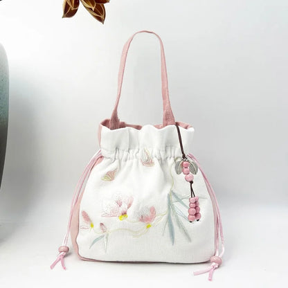Chinese Style Retro Flower Embroidery Crossbody Top-handle Bags Women Shoulder Lace Drawstring Bucket Bag Coin Purses Handbags