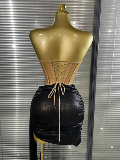 Blue Black Women Sexy Strapless Shinning Sequins 2 Pieces Bodycon Mini Dress Draped Celebrate Nightclub Party Bar Singer Wear