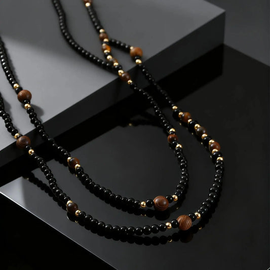Black Agate Natural Stone Tiger Eye Beads Chain Necklace for Men, Retro Long Sweater Chain Necklace, Fashion Boho Jewelry Gift